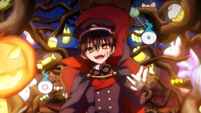 an anime character standing in front of a tree with many objects around him and looking at the camera Hanako Halloween Halloween Eve, Halloween, saddle brown