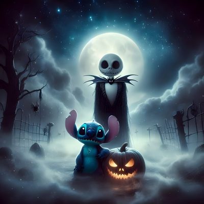 a couple of pumpkins sitting next to each other in front of a full moon Stitch Halloween Laptop Stitch Nightmare Before Christmas, Stitch And Jack Skellington, Oogie Boogie Stitch And Jack Skellington, dark slate gray