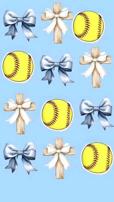 a bunch of softballs with bows on them are shown in blue and yellow colors Halloween Softball Cute Softball Quotes, Cute For Ipad, Halloween Cute, Softball Backgrounds, light blue