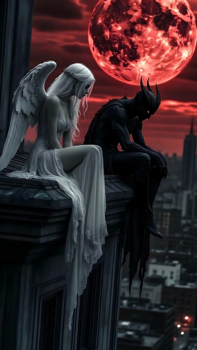 a woman sitting on top of a building next to a man in front of a full moon Halloween Angel Evil, Evil And Angel, Angel Demon, Dark Romance, Devil And Angel, Devil Angel, black