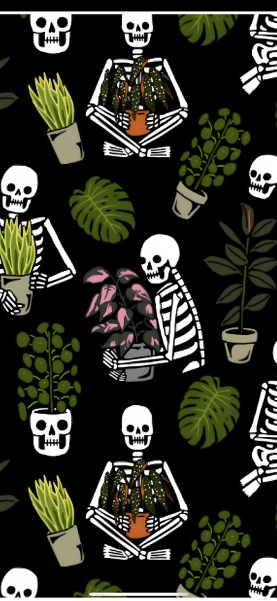 a black background with white skulls and potted plants on it, one is holding a plant Halloween Plant Halloween Plant, Spooky Spring, Plant Phone Background, Spooky Summer, Green Spooky, black