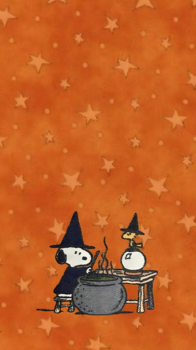 an orange background with stars and a cartoon dog cooking food in a caulder Snoopy Halloween Ac New Leaf, Halloween Cute, Holiday, Snoopy, Watch, Phone Patterns, chocolate