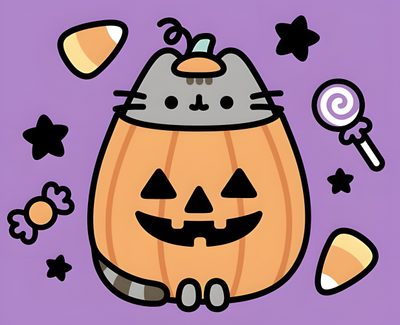 a cartoon cat sitting on top of a pumpkin Kawaii Kawaii Pusheen Halloween Cute Halloween Drawings, Pusheen Cute, Halloween Cute, medium purple