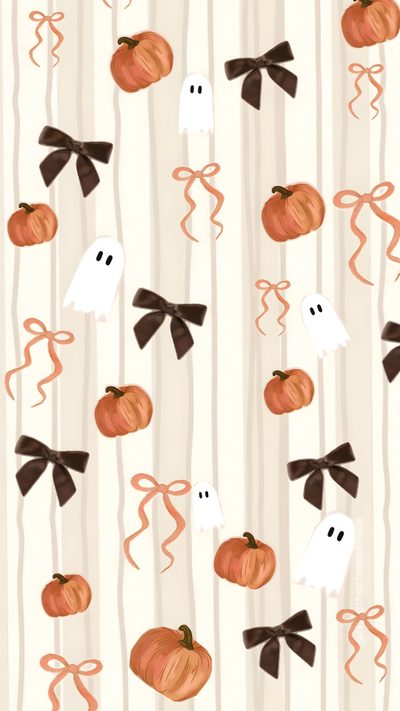 a halloween pattern with pumpkins, ghost and ribbons on white striped background for wallpaper Clean Girl Halloween Autumn Phone, Halloween Iphone Backgrounds, Halloween Backgrounds, antique white