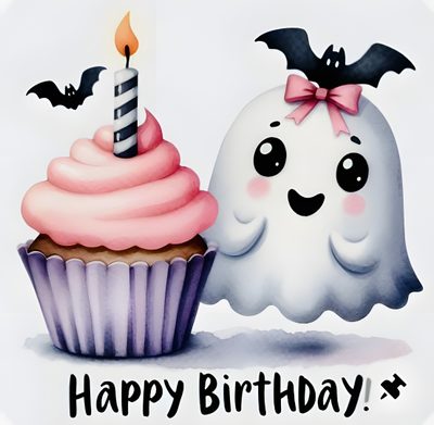 a happy birthday card with a cupcake and a ghost Halloween Birthday Halloween Birthday Image, Free Halloween Birthday Images, Happy Halloween Birthday Pictures, gainsboro