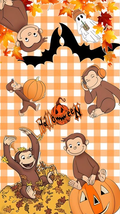 monkeys and pumpkins on a checkered tablecloth with the words happy halloween written below Curious George Halloween Christian Pick Up Lines, Curious George, Pick Up Lines, Cute Backgrounds, sandy brown