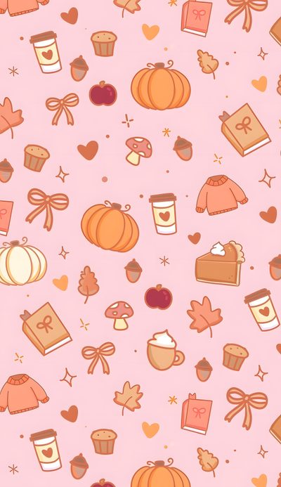 a pink background with many different items on it Pink Fall Halloween Fall Iphone Pink, Cute Girly Fall, Fall Girly, Girly Fall Backgrounds, misty rose