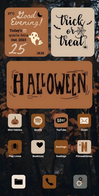 a phone screen with halloween stickers on it Halloween Widget Ideas Halloween Themed Phone Widgets, Homescreen Layout Halloween, Ios Halloween, dark olive green