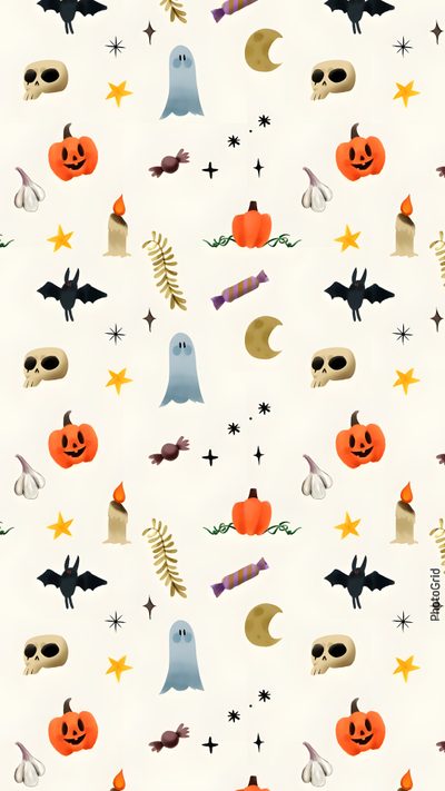 a halloween pattern with pumpkins, bats and ghost faces on white background for wallpaper Aesthetic Halloween Elements Small Halloween, Aesthetic Halloween Elements, Light Halloween, linen