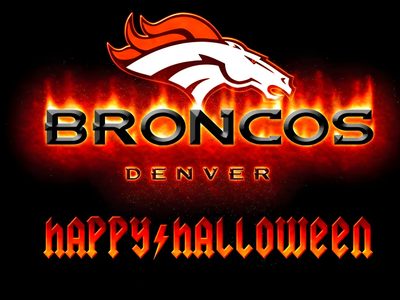 an image of the denver football team on fire with happy halloween written in red and orange Denver Broncos Halloween Broncos Fall Logo, Denver Broncos Team Spirit, Denver Broncos 1920x1080, black