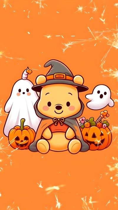 a teddy bear dressed as a witch and ghost with pumpkins on an orange background Cute Halloween Disney Halloween Winnie The Pooh, Disney Halloween Backgrounds, Cutesy Halloween, coral