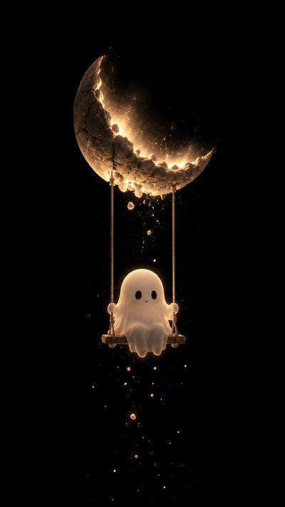 a white ghost floating in the air next to a crescent moon and hanging from strings Cute Halloween Black Ghost, Black Theme, Cute Ghost, Wiccan, Blur Light Background, Hello,