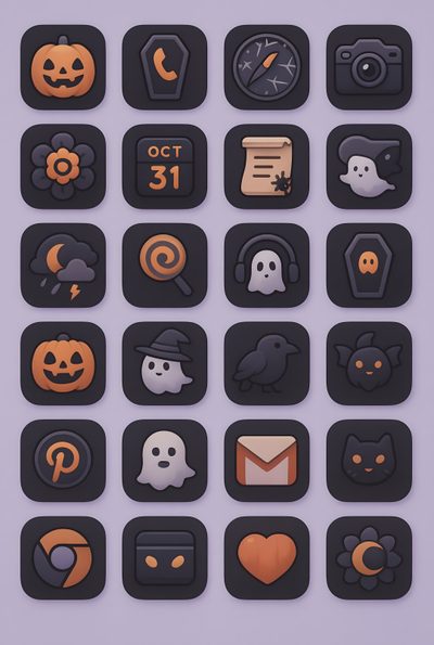 a collection of black and orange icons on a purple background Halloween Icons Halloween App Icons, Halloween Phone Theme Icons, Iphone Halloween Icons, dim gray