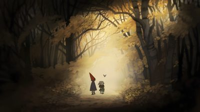 two children are walking in the woods at night Halloween Over The Garden Wall Walled Garden, Elijah Wood, Over The Garden Wall, black