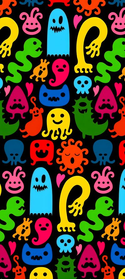 an image of colorful monsters and skulls on a black background with red, yellow, green, blue, pink, purple, orange Halloween Monster Pattern Cool Cartoon Patterns, Cute Monsters Background, Colorful Alien Pattern Background, black