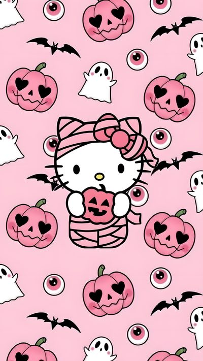 hello kitty halloween wallpaper with lots of pumpkins and ghost faces on pink background Pink Hello Kitty Halloween Pink Hello Kitty Halloween Background, Pink Pink Hello Kitty Halloween Background, Iphone Cute Hello Kitty Halloween,