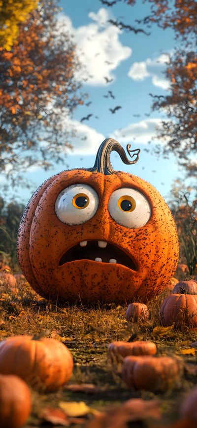 a cartoon pumpkin with eyes and nose sitting in the grass next to some pumpkins Funny Halloween Pumpkin Mobile, Phone, Halloween, Iphone, sienna