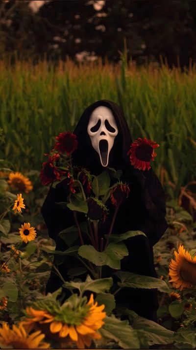 a person wearing a mask and holding flowers in a field with sunflowers behind them Halloween Movies Aesthetic Photo Halloween, Halloween Iphone Backgrounds, Halloween Backgrounds, Scary, black