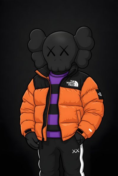 the north face is wearing an orange puffy jacket and black pants with purple stripes Halloween Kaws Art Images, Nike Logo, Nike, Logo, Wall Art, Design, black