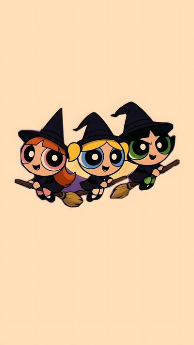 the powerpuff girls flying on brooms Powerpuff Girls Halloween Cartoon Halloween Background Aesthetic, Halloween Bff, Halloween Cartoon Iphone, peach puff