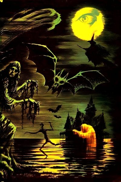 an image of bats flying over water at night Old School Halloween Horror Artwork, Surreale Kunst, Halloween Artwork, Retro Horror, Halloween Images, black
