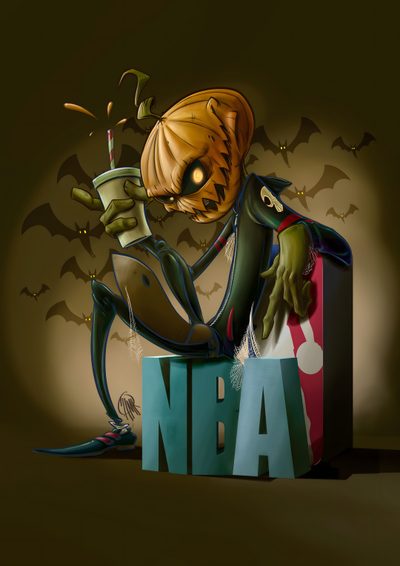 a cartoon character sitting on top of a box with a cup in his hand and bats flying around Halloween Nba Joker Nba, Lebron Pumpkin, Nba Team Pumpkin Design, Nba Christmas, black