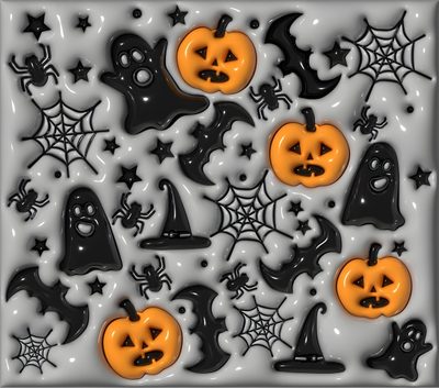 halloween pumpkins and bats in black and orange on a gray background with white stars Halloween Puffy Halloween Puffy, 3d Iphone Halloween, 3d Halloween Mug Wrap, 3d Puffy Halloween, gray