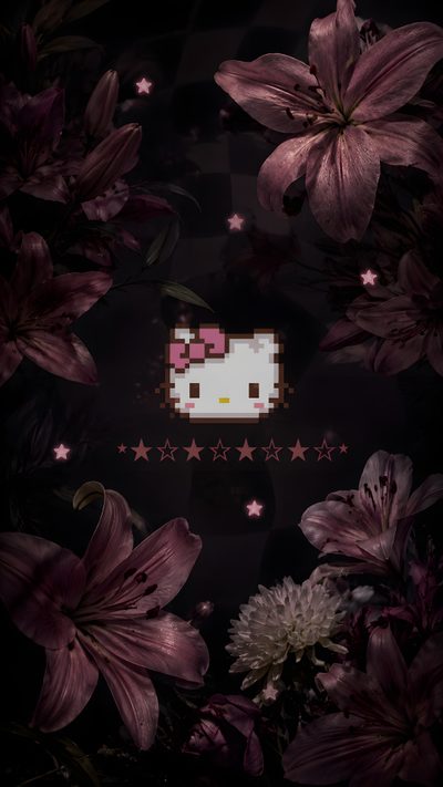 hello kitty wallpaper with flowers and stars Hello Kitty Y2k Halloween Hello Kitty Cute, Matching Homescreen, Cuteee, Hello Kitty Backgrounds, black