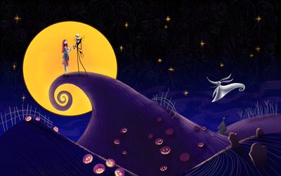 two people standing on top of a hill at night with the moon in the background Disney Halloween Pc Nightmare Before Christmas, Nightmare Before, Disney Love, Disney Quotes, black