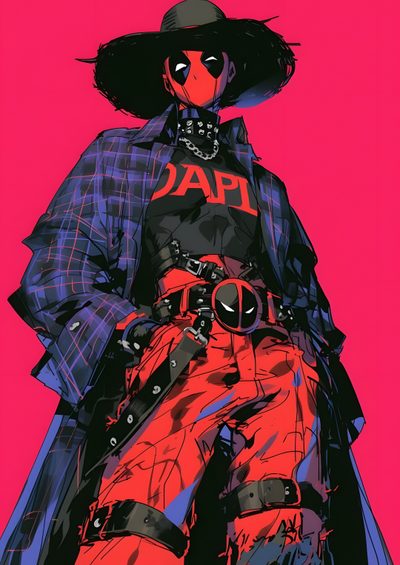 a drawing of a person wearing red pants and a black hat Deadpool Halloween Comic Book Character Fashion Inspiration, Cowboy Themed Deadpool Outfit, Deadpool In Cowboy Costume, brown