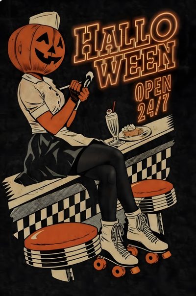 a woman sitting at a table with an orange pumpkin on her head Old School Halloween Retro Halloween Images, Halloween Picture Printables, 2000 Halloween Aesthetic, black