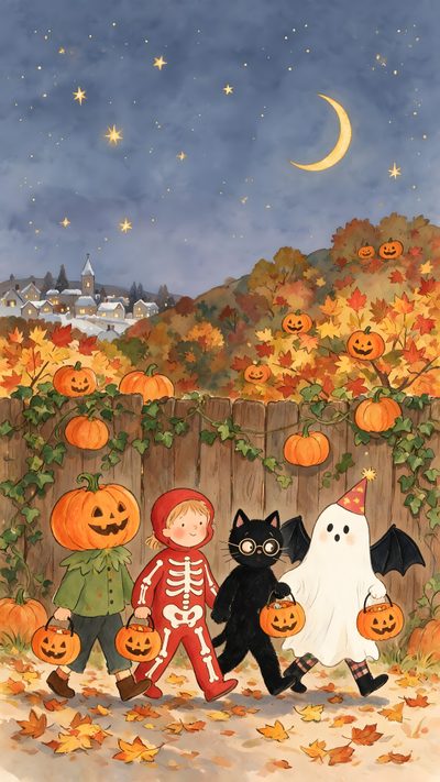 children dressed up in halloween costumes walking through pumpkin patch with jack - o'- lanterns Whimsy Halloween Gooseberry Patch, Fall Festival, Fall Season, Journal Printables, Festival, Halloween, gray