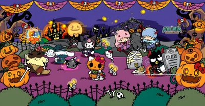 an animated halloween scene with pumpkins and cats Hello Kitty And Friends Halloween Gif Hello Kitty Halloween Laptop, Hello Kitty Halloween Desktop, Halloween Hello Kitty Computer, dim gray