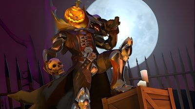 an animated halloween scene with a pumpkin on the top of a scarecrow and a full moon in the background Overwatch Halloween Overwatch Pumpkin Carving, Overwatch Pumpkin, Christmas Reaper Overwatch, dark slate gray