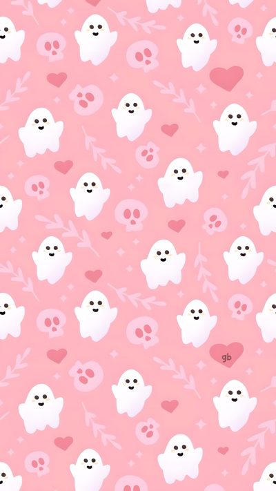 a pink wallpaper with white ghost and hearts on the bottom, in different colors Halloween Valentines Pink Halloween Ipad, Cute Halloween Aesthetic Pink, Halloween Pink Background Aesthetic,