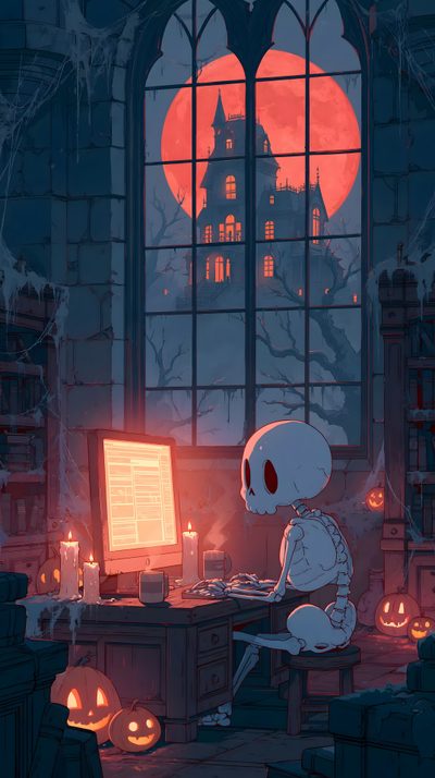 a cartoon character sitting at a desk in front of a computer with candles on it Halloween For Home Office Halloween, Desktop, The Outsiders, dark slate gray