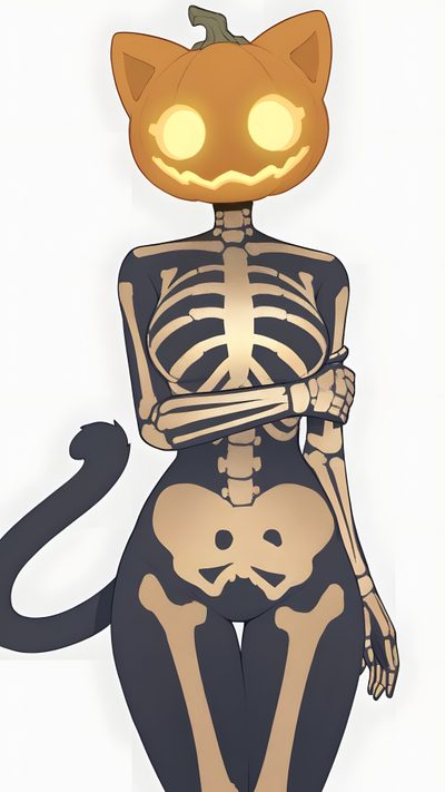 a skeleton cat with glowing eyes sitting on top of it's head and body Halloween Fortnite Jack O Lantern Pose, Jack O Lantern Catgirl, Steam Punk, Idées Minecraft, Dope Art, linen