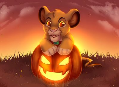 a lion cub sitting on top of a jack - o'- lantern in the grass Lion King Halloween Aristocats Halloween, Disney Halloween Memes, Simba And Nala, Disney Animals, sienna