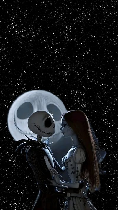 a couple in skeleton costumes standing next to each other under a full moon sky with stars Halloween Jack And Sally Jack Skellington And Sally, Jack And Sally Cover Photo, Jack Skellington And His Gf, black