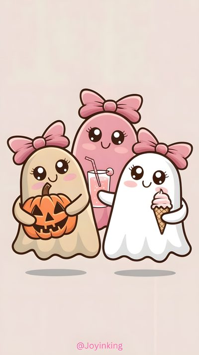 three cartoon characters are standing next to each other with halloween decorations on their heads and arms Best Friend Halloween Cute Ghosts, Cute Girly Halloween, Ghost Besties Drawing, Three Ghost Friends, gainsboro