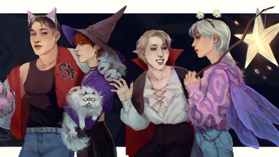 three people dressed up as witches and one is holding a cat Stray Kids Halloween Laptop Huntrix Huntrix Kpop Demon Hunters Fanart, Huntrix Huntrix Kpop Demon Hunters Drawing, Kpop Demon Hunters Huntrix Fanart, dim gray