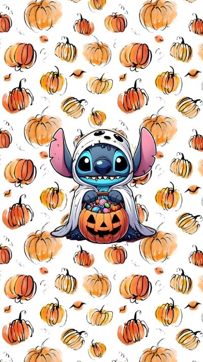 an image of a cartoon character surrounded by pumpkins Stitch Halloween Costume Stitch Backgrounds, Cute Halloween Stitch Backgrounds, Stitch Fall Iphone, linen