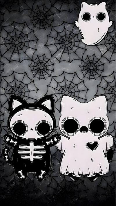 two cute little cats sitting next to each other on a black and white background with skulls Matching Halloween For Best Friends Cute Scary, Scary Cute, Goth Halloween, Spooky Goth, dark slate gray