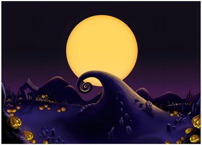 an animated halloween scene with pumpkins on the ground Halloween Town Background Nightmare Before Christmas Sky, Nightmare Before Christmas Mountain, Nightmare Before Christmas Hills, black