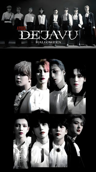 the poster for btt's upcoming album, deja vu is shown in black and Ateez Halloween Ateez Hala Hala, Kpop Demon Hunters Boy Group, K Pop Halloween, Kpop Demon Hunters, black