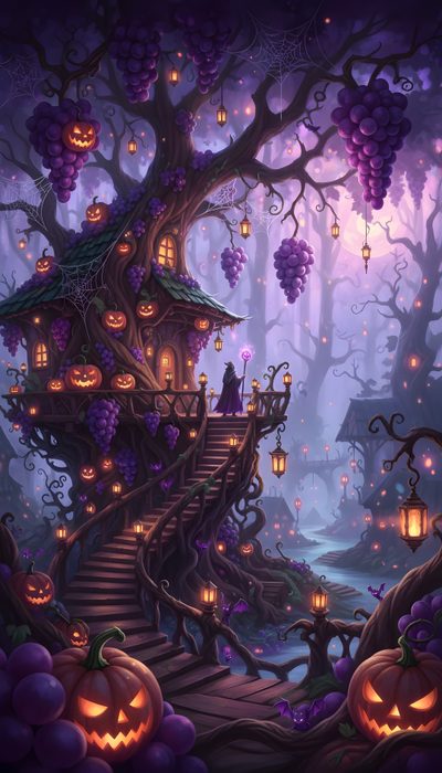 a halloween scene with pumpkins and trees Enchanted Halloween Halloween 1, Halloween, dark slate gray