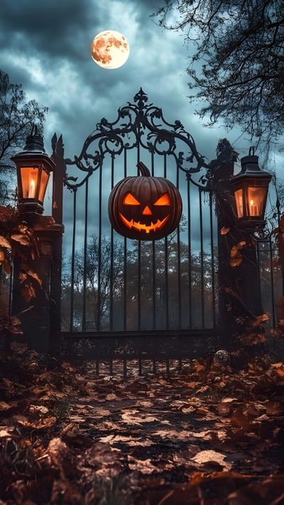 an iron gate with pumpkins on it and the moon in the sky behind it Halloween Town Gate Scary Fall Background, Scary Fall, Spooky Halloween Pictures, dark slate gray