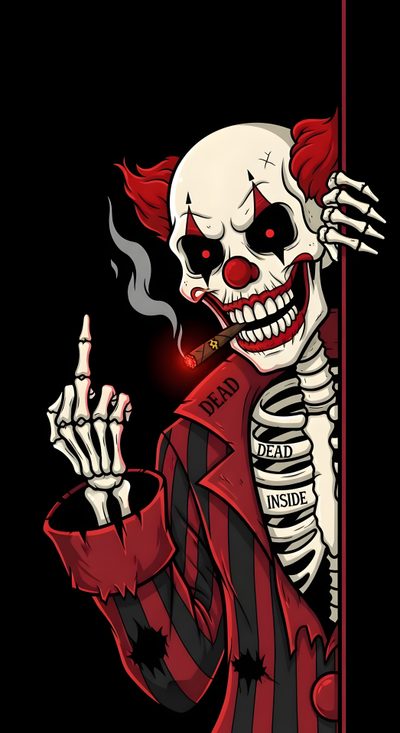 A skeletal clown with red hair and a striped jacket smoking a cigar while looking out from behind a red wall with text on its ribs. Clown Halloween Angel Wings Iphone, Mkbhd, Clown Tattoo, Happy New Year Photo, New Year Photos, Skull, black