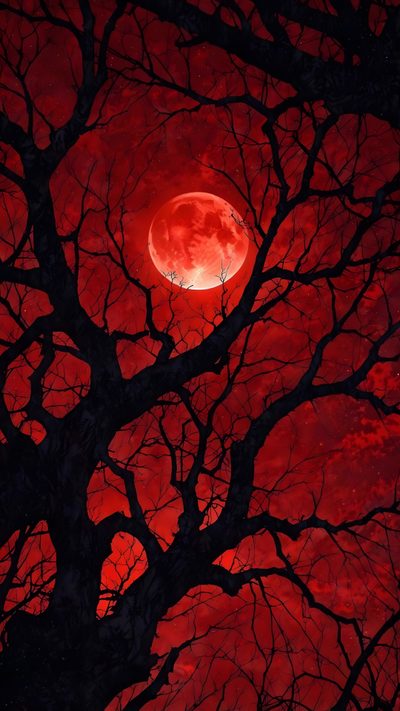 the full moon is setting behind a tree with red leaves and branches in front of it Red Moon Halloween Red, Black, Moon Wall Art, Night Art, Anime, Red And Black, maroon