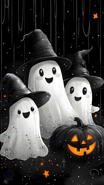 three white ghost with black hats and pumpkins Halloween 3 Spooky Cat Image, Ghost Halloween, Phone Halloween, Halloween Ghost Iphone, Halloween Pics, black